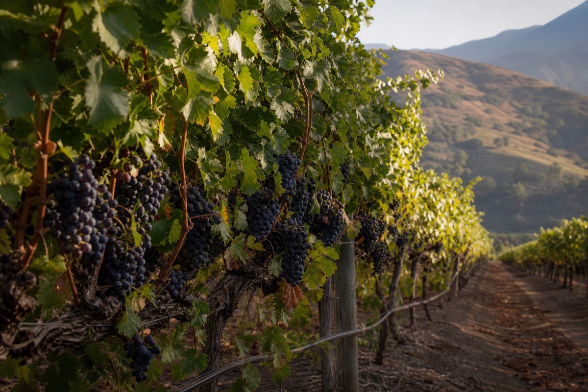 Vineyard rows in the hills inland from the coast