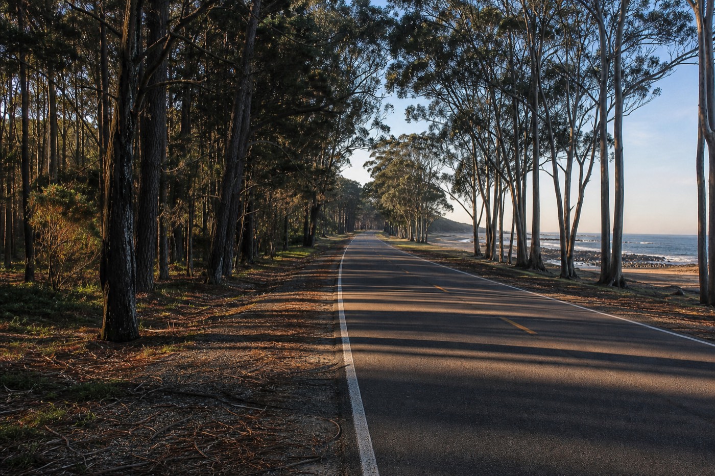 Coastal highway running east from Montevideo toward Punta del Este past pine woods and low dunes with the Atlantic visible on the right